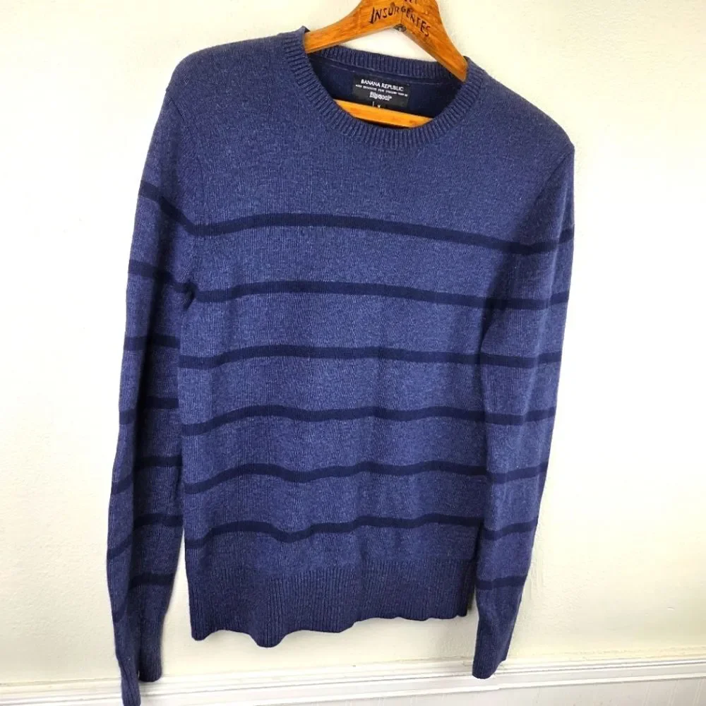 Men's Banana Republuc Blue Striped Fine Italian Merino Wool Pullover Sweater MED